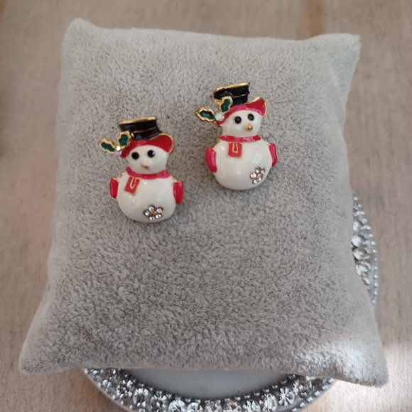 Red & Black Winter Rhinestone Holly Snowman Stud Earrings - Picture 2 of 5